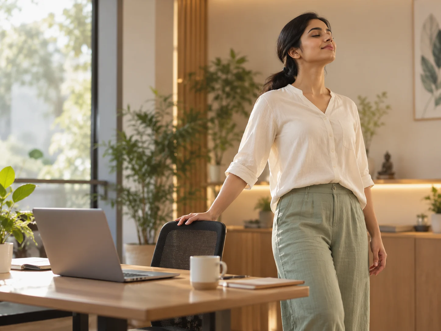 Professional stretching beside a laptop at home